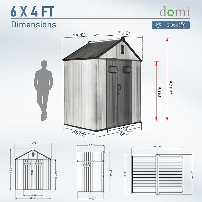 Domi 6x4 FT Outdoor Resin Storage Shed, All-Weather Double-Wall Storage Building for Backyard, Garden, Lawn Tools, Mower, Bike & Pool Equipment, Lockable Doors, Ventilated Roof, Grey - Image 3