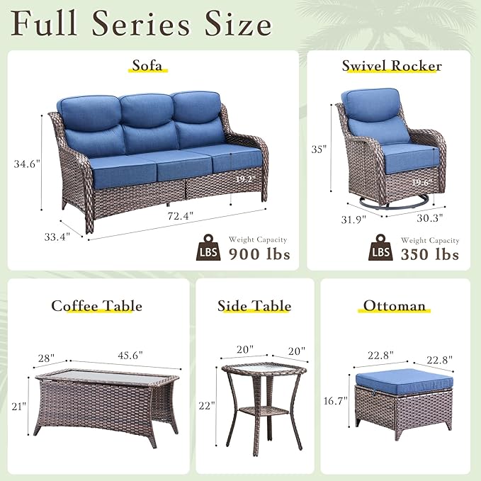Luxury Outdoor Furniture Set with 6-Inch Thick Cushion, High Back Swivel Patio Chairs with Ottoman & Side Table, Outdoor Wicker Swivel Bistro Set for Porch, Yard, Deck, Poolside, Brown/Blue