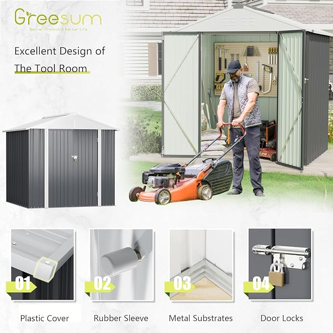 Greesum 6x4FT Outdoor Storage Shed, Utility Tool Shed Metal Storage Garden Shed with Door & Lock for Patio Storage, Gray - Image 6