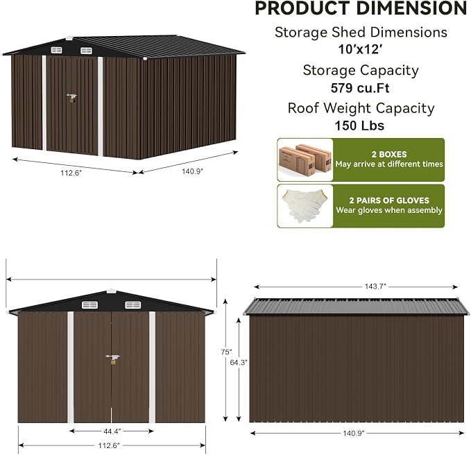 COMHOMA Shed Outdoor Storage Shed Metal,Lockable Doors Tool Sheds with Sloping Roof,Steel Garden Shed with Air Vent for Backyard,Patio,Lawn,Poolside (Brown, 10'x12') - Image 3