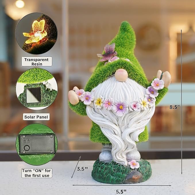 DiliComing Garden Flocked Gnomes Decor for Yard - Artificial Green Moss Gnome Statue with Solar Light, Dwarf Sculpture for Outdoor Patio Porch Lawn Decor, Spring Decorations for Home