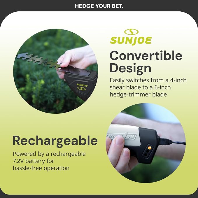 Sun Joe HJ604C Cordless Grass Shears and Hedge Trimmer, 2-in-1 Handheld Shrub Trimmer, 7.2V Lithium-Ion Battery, 1250 RPM Steel Blades, Charger Included - Image 3
