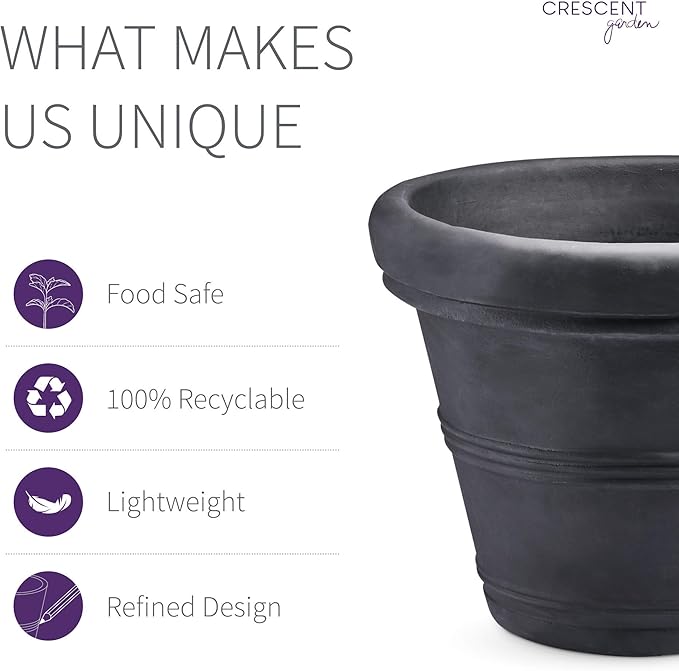 Crescent Garden Brunello Classic Rolled Rim Planter Pot, Indoor/Outdoor Weather-Safe Resin Round Plant Pot, 20''W (Caviar Black)