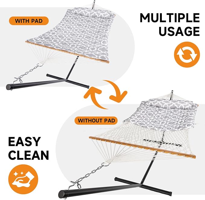 Everyfun 2 Person Outdoor Hammock with Stand, Cotton Rope Hammock with Polyester Pad, Adjustable Steel Frame, Portable with Carrying Bag – for Patio, Backyard, Garden, Beach, White-Gray - Image 2