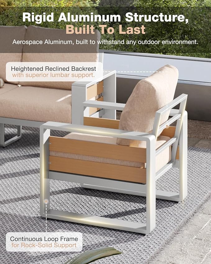 Aoxun Aluminum Patio Furniture Set with Fire Pit Table, 4 Piece Luxury Outdoor Sectional with 6" Olefin Fabric Cushions, Patio Conversation Sets with Waterproof Cover for Backyard, Porch Beige