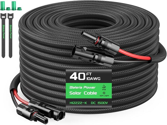 Bateria Power Solar Panel Extension Cable 10AWG 40FT, Flame Retardant Protective Sleeving, Twin Wire 10 Gauge Solar Cable with IP68 Female & Male Waterproof Connectors, Dust Caps for Home, RV by BateriaPower