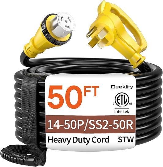 50FT 50 Amp Generator Cord, NEMA 14-50P/SS2-50R Heavy-Duty 4 Conductors Cable, Pure Copper STW RV Extension Cord, Female Plug with Twist Lock, Suitable for RV or Camper, ETL Listed by Deeklify