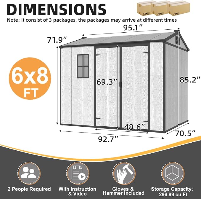 MELLCOM 6 x 8 FT Plastic Outdoor Storage Shed with Windows, Plastic Outdoor Storage Tool Shed with Floor and Lockable Door, Resin Garden Shed for Lawnmower, Bike, Pool Supply - Image 2