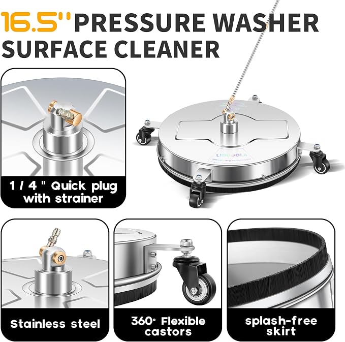 16.5" Pressure Washer Surface Cleaner with 4 Wheels - Stainless Steel Surface Cleaner for Pressure Washer Attachment for Concrete, Driveway, Patio, Sidewalk, Deck and Daily Washing - PWS16.5 - Image 3