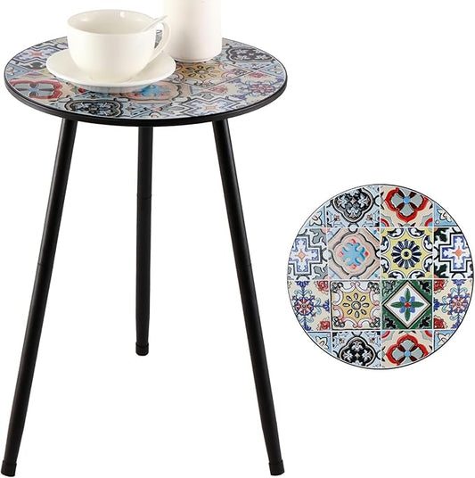 1 Pack Metal Outdoor Side Table Small Outside Round End Table for Patio Modern Accent Garden Corner Table for Small Spaces, Balcony, Porch, Weather-Resistant, Plant Stand Indoor, Mixed Mosaic by PartyZealot