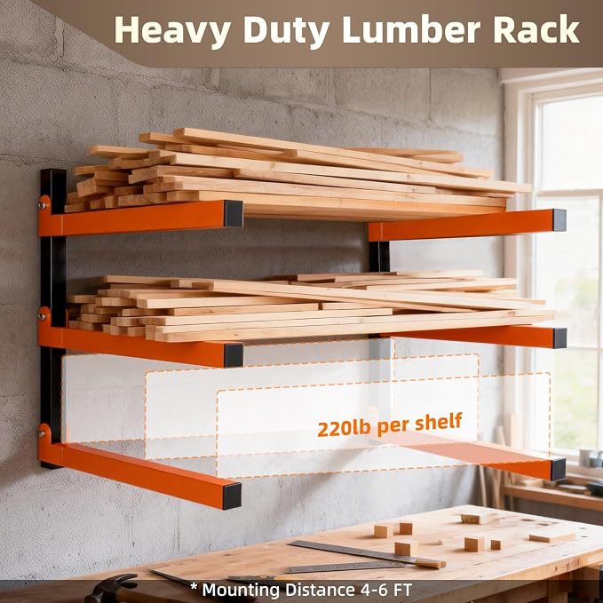 Wall Mounted Lumber Storage Rack and Wood Organizer, Heavy Duty Steel Shelf Brackets for Garages Workshops & Outdoor Sheds, Space Saving Metal Wall Rack - Image 3