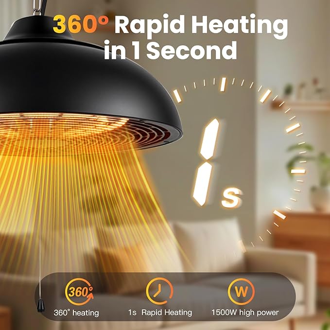 1500W Electric Hanging Patio Heater, 3S Instant Heat, Ceiling-Mounted Outdoor Heater with 3 Modes, Quiet Operation, Overheat Protection, IP55 Waterproof for Patio, Balcony & Garage