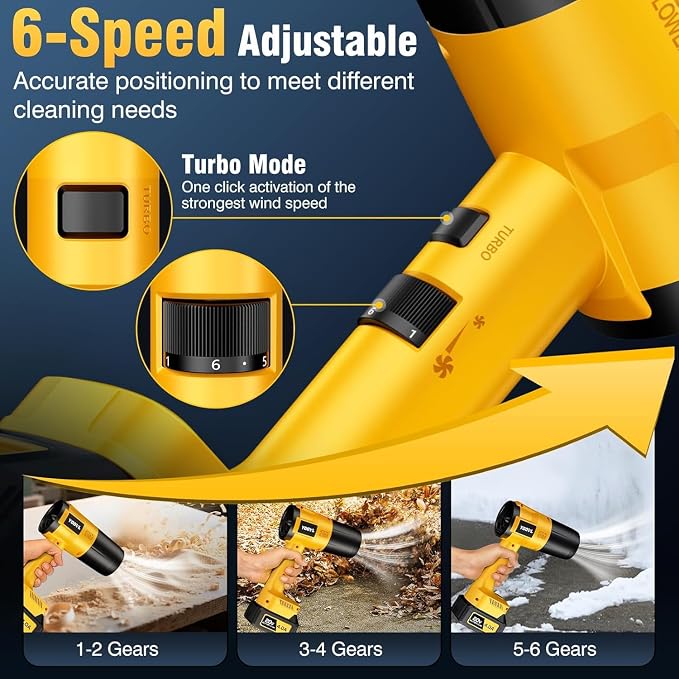 Leaf Blower Cordless, Handheld Leaf Blower with 2 X 4.0Ah Battery and Charger, Snow Blower with 6 Speed Modes, Lightweight Blowers for Lawn Care, Patio, Yard, Blowing Snow, Leaves, Dust-Yellow - Image 4