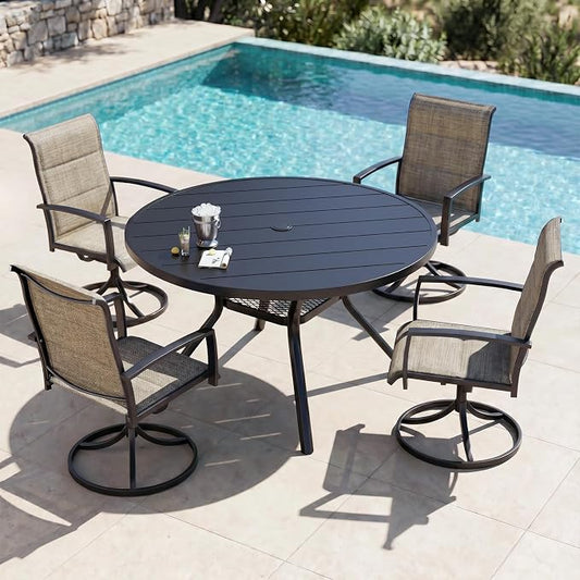 MEOOEM Modern 5 Piece Patio Dining Set for 4, Powder-Coated Round Outdoor Table with Swivel Chairs 450LBS Highback, Heavy Duty Durable Outdoor Dining Set for Outside, Deck, Garden, Backyard, Taupe by MEOOEM