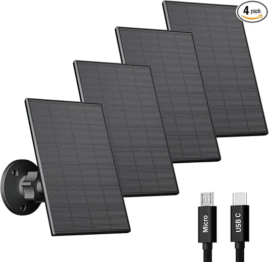 2W Solar Panel for Security Camera Outdoor, USB/USB-C Charger with IP65 Waterproof, 360° Adjustable Mount & 7.2ft Cable, Compatible with Rechargeable Battery Cameras (4 Pack, Black) by VUEBEE