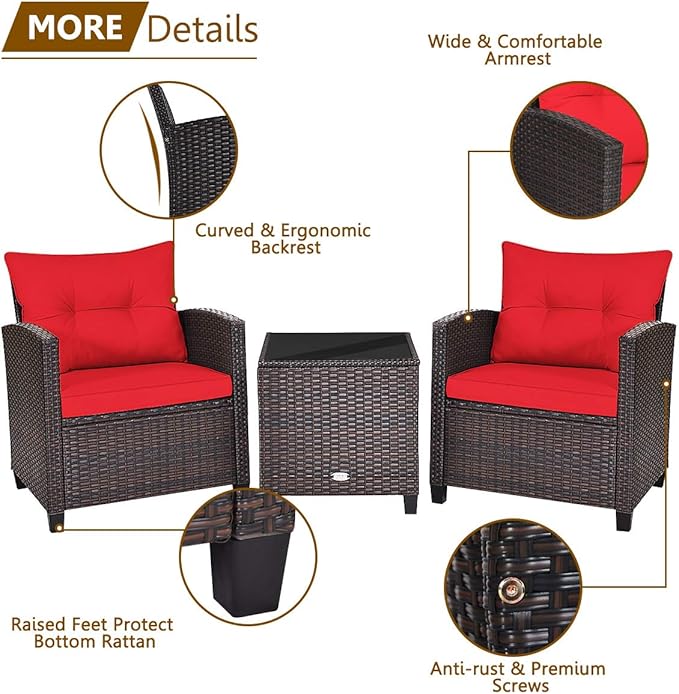 HAPPYGRILL 3 Pieces Patio Conversation Set, Outdoor Furniture Set PE Rattan Sofa Set with Removable Cushions, PE Wicker Chairs with Tempered Glass Side Table for Porch Lawn Garden Balcony Backyard