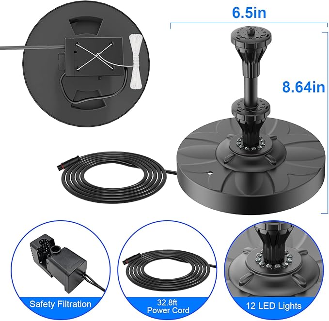 Yzert Pond Fountain with 12 Colorful Lights, 32.8ft Power Cord Adapter Electric Pool Fountain with 2-Tier Water Floating Waterfall Fountain for Outdoor Garden