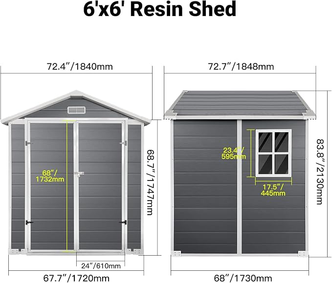 YOPTO 6x6 FT Storage Shed,Plastic Outdoor Storage Shed with Floor and Lockable Door,Waterproof Garden Shed W/Windows & Vents,Sloped Roof,Tool House for Storing Bicycles,Lawnmowers,Gray - Image 3