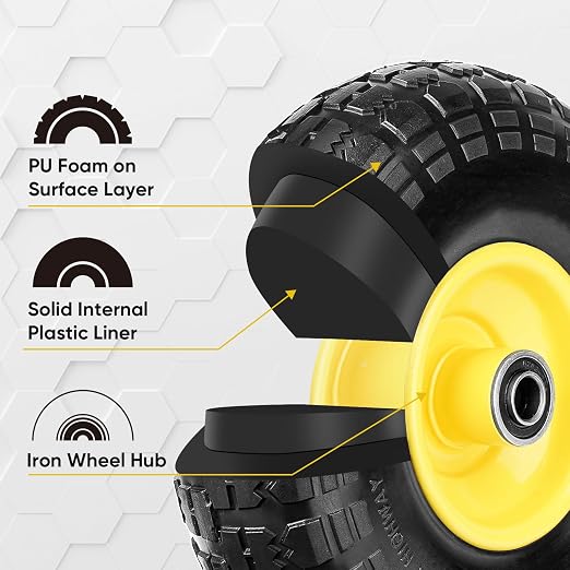 TICONN 4.00-6 Tire and Wheel Flat Free, 2 Pack 13" Solid Tires with 5/8" Axle Bore Hole and Double Sealed Bearings, Perfect for Wheelbarrow, Garden Cart, Wagon, Dolly (Yellow, 2PK) - Image 5