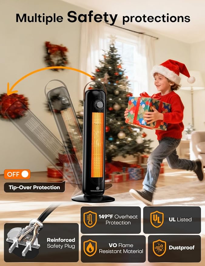 24" Space Heater with 4 Heat Modes, 70° Oscillation, Overheating & Tip-Over Protection Portable Electric Heaters for Indoor Use, 1500W PTC Ceramic Heaters for Large Room/Office/Bedroom