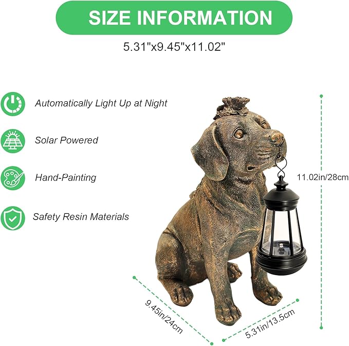 Solar Garden Statue Dog Figurine Decor with Lantern Lights, Outdoor Decoration Solar Dog Sculptures for Outside Patio Lawn Balcony Yard Ornament, Dogs Lover Gifts for Women Mom Grandma Birthday