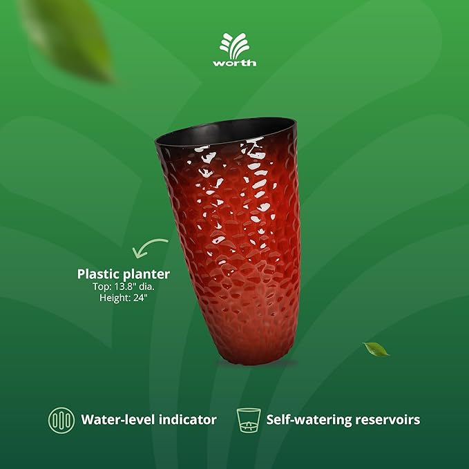 Worth 2 Pack 24" Tall Large Plastic Planter with Drainage Hole, Round Decorative Flower Plant Pit for Indoor or Outdoor Gardening, Glossy Red