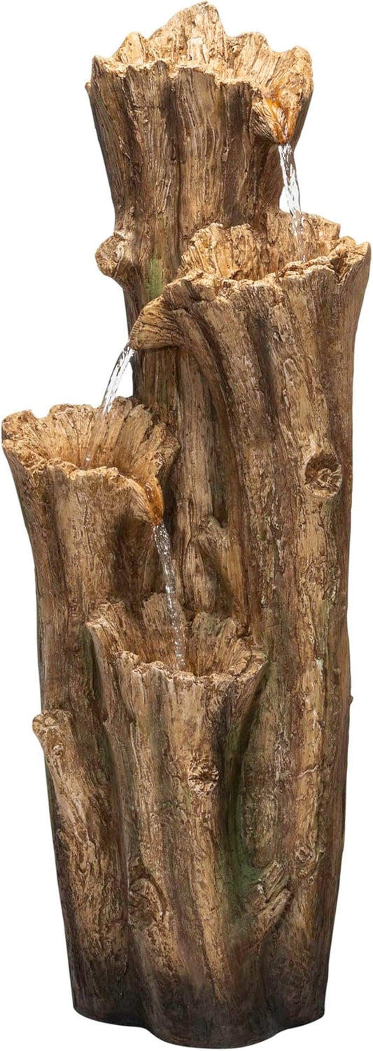 Alpine Corporation TZL268 47" Outdoor 3-Tier Tree Bark Water Fountain with LED Lights for Gardens, Patios, and Yards, Brown
