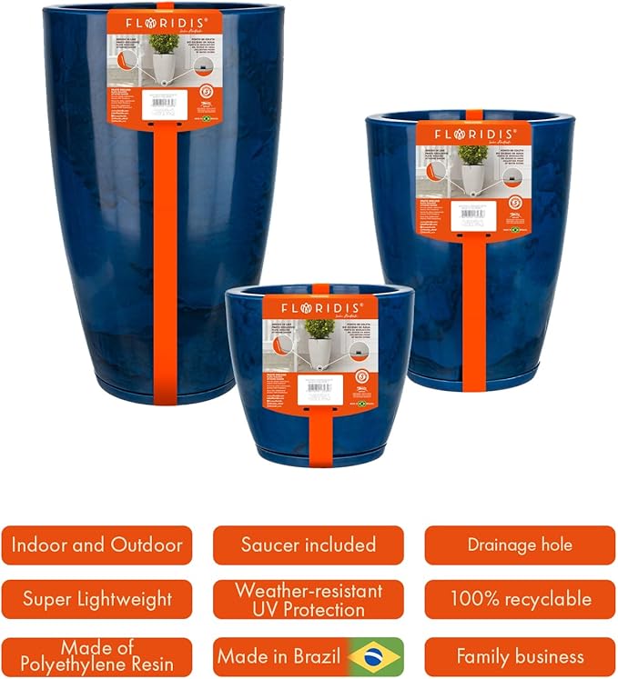 Floridis Plastic Plant Pot, Blue Marble Effect, Set of 3 (11+17+25 inch) with Drainage Hole and Saucer. Outdoor and Indoor Set of Black planters for patios, Front Porch.