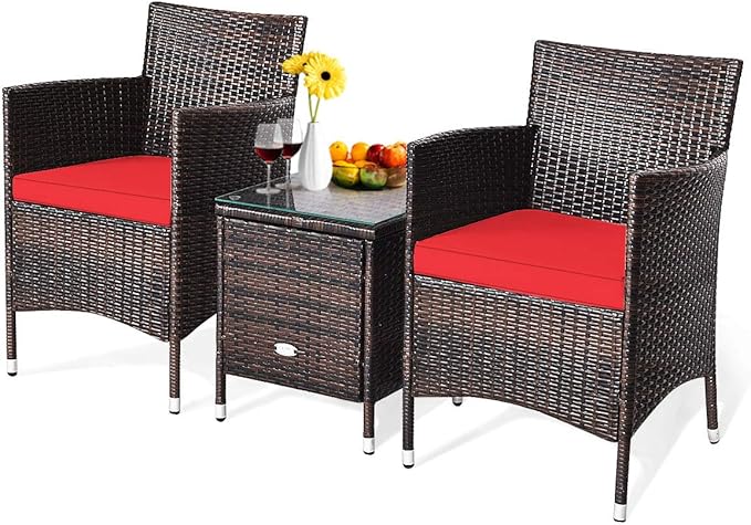 HAPPYGRILL 3-Piece Patio Furniture Set Outdoor Rattan Wicker Conversation Set with Coffee Table Chairs & Thick Cushions Bistro Sets for Patio Garden Lawn Backyard Pool