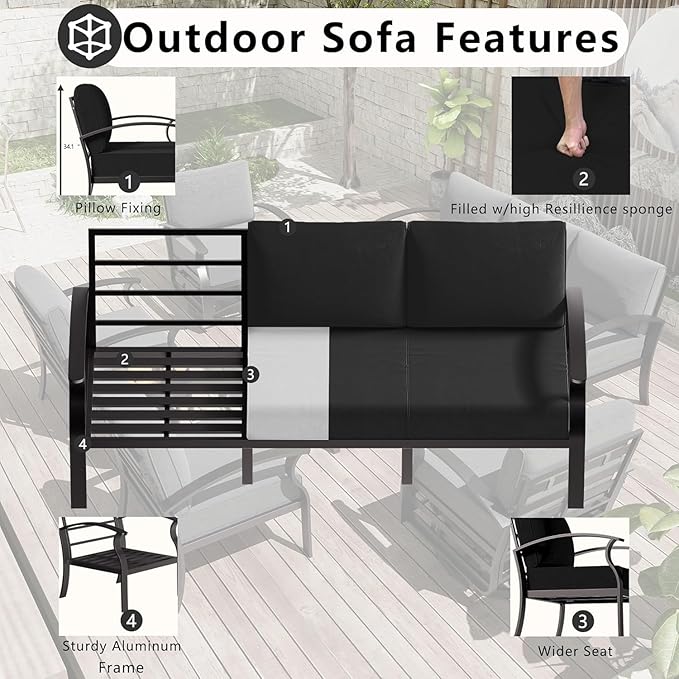 Patio Furniture Set 5-Piece Aluminum Armrest Sofa, Modern Outdoor Living Room Set with 55000 BTU Propane Aluminum Fireplace, Outdoor Rotary Joystick with Thick Cushion