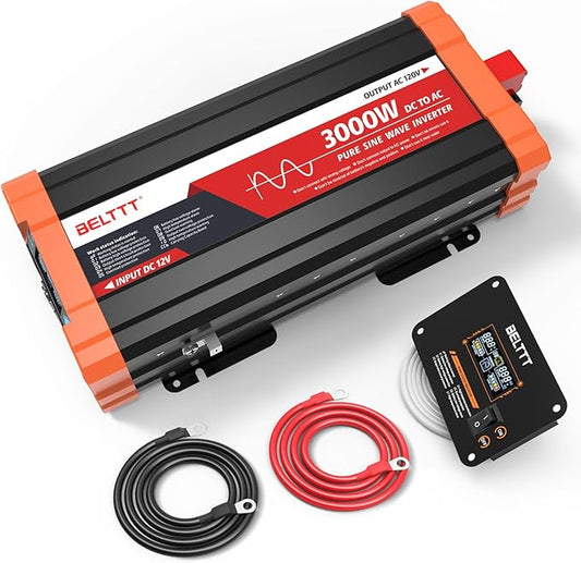 BELTTT 3000W Pure Sine Wave Inverter 12V DC to 120V AC for Solar, Off-Grid, RV, Truck, Home, Power Inverter with Dual AC, 20A Socket, 5V 2.1A USB, Hardwire Port, Remote Controller 23Ft Cable by BELTTT