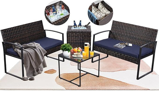 FHFO 4 Piece Outdoor Patio Furniture Set with Built-in Beverage Cooler Storage Box, Wicker Conversation Sets Patio Outdoor Loveseats & Coffee Table for Outside, Garden, Balcony, Porch, Brown/Blue