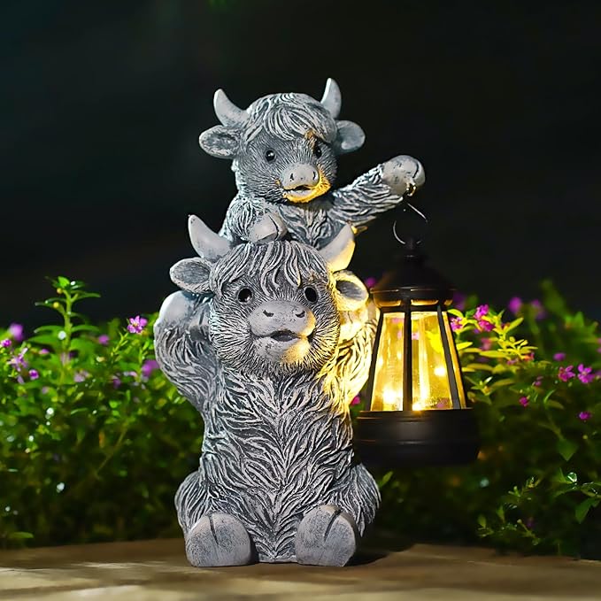 Goodeco 9.5 Inch Highland Cow with Solar Lantern – Resin Garden Decor, Outdoor Statue & Unique Highland Cow Gifts (Gray) by Goodeco