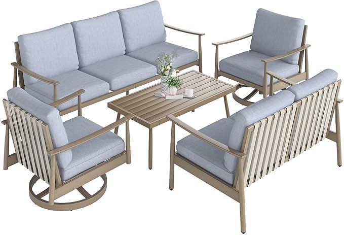 HAPPATIO Outdoor Furniture Set - 5 Piece Aluminum Patio Conversation Set with 1 Coffee Table, 2 Swivel Chairs, Loveseat and 3-Seat Sofa, Aluminum Patio Furniture Set for Backyard Deck Poolside (Brown)