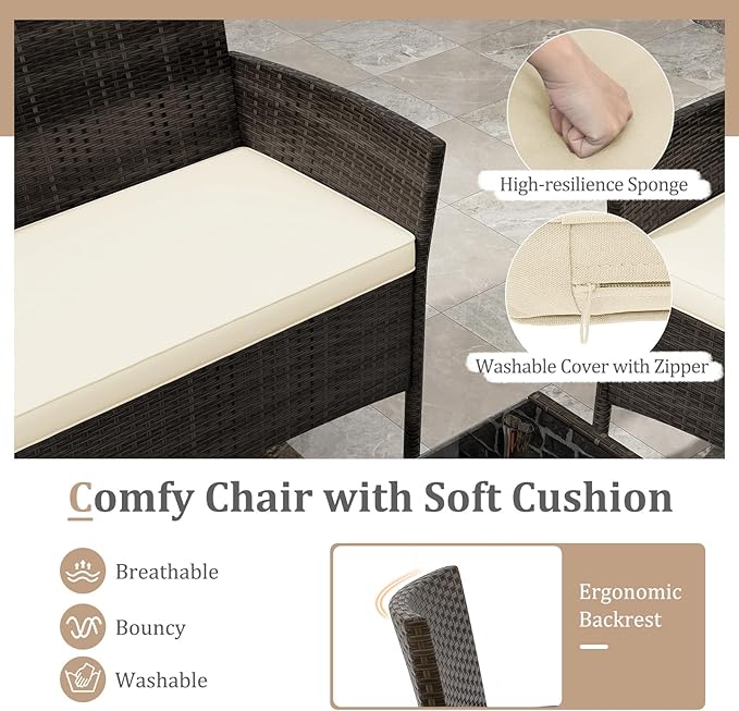 KOTEK 4 Piece Patio Furniture Set, Outdoor Rattan Conversation Set with Loveseat, Wicker Chairs, Tempered Glass Coffee Table, Wicker Patio Set for Backyard, Porch Beige