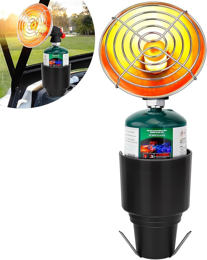 Golf Cart Heater, Portable Propane Heater with Cup Holder Fits Most Golf Cart Accessories Car, Safe Camping Tent Heaters Cordless with Electronic Ignition, Control Valve, Winter outdoor Heating Helper