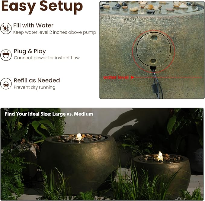 Garden Water Fountain Outdoor Large Round Bubbler Water Feature Indoor with Lights & Pump and Pebbles Concrete Effect for Patio Pool Pond Yard Home Decor Gold, 25 "L X 25" W X 17.5" H