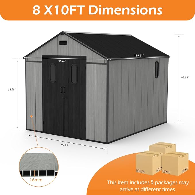 Domi 8x10Ft Resin Outdoor Storage Shed with Floor, Plastic Garden Storage Shed, Outside Weatherproof Storage Building for Tools, Bike, Lawn Mower, Patio, Backyard - Image 2