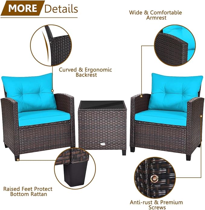 KOTEK 3 Piece Patio Furniture Set, Outdoor Conversation Set with Washable Cushions & Tempered Glass Tabletop, PE Rattan Wicker Bistro Set for Porch, Garden, Balcony (Turquoise)
