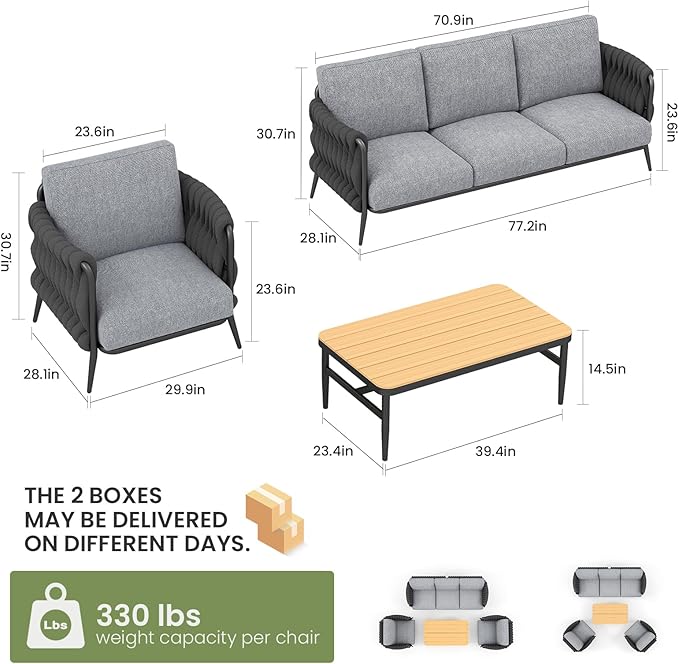 Outdoor Patio Furniture Set, Outdoor 5-Seat Sofa with Coffee Table, Waterproof Thick Cushion Patio Conversation Set, All Weather Outdoor Couch Set for Deck, Lawn, Balcony, Porch