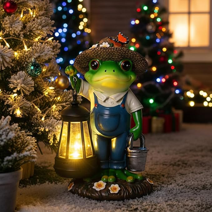 Solar Garden Decor - Frog Statues with Lantern 9" Resin Solar Frogs for Outdoors Patio Yard Porch Lawn Balcony Decor Ideas Animal Lover Gardening Gifts for Women Mom Wife