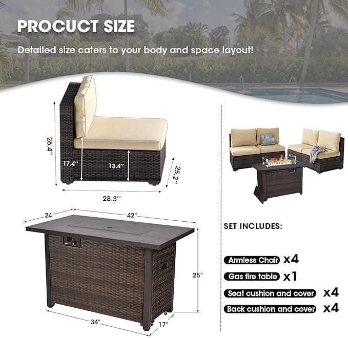 Grezone 5 Piece Patio Furniture Set with 44" Fire Pit Table, Outdoor Sectional Couch, PE Rattan Patio Conversation Sets with 4inch Cushions for Backyard Beige