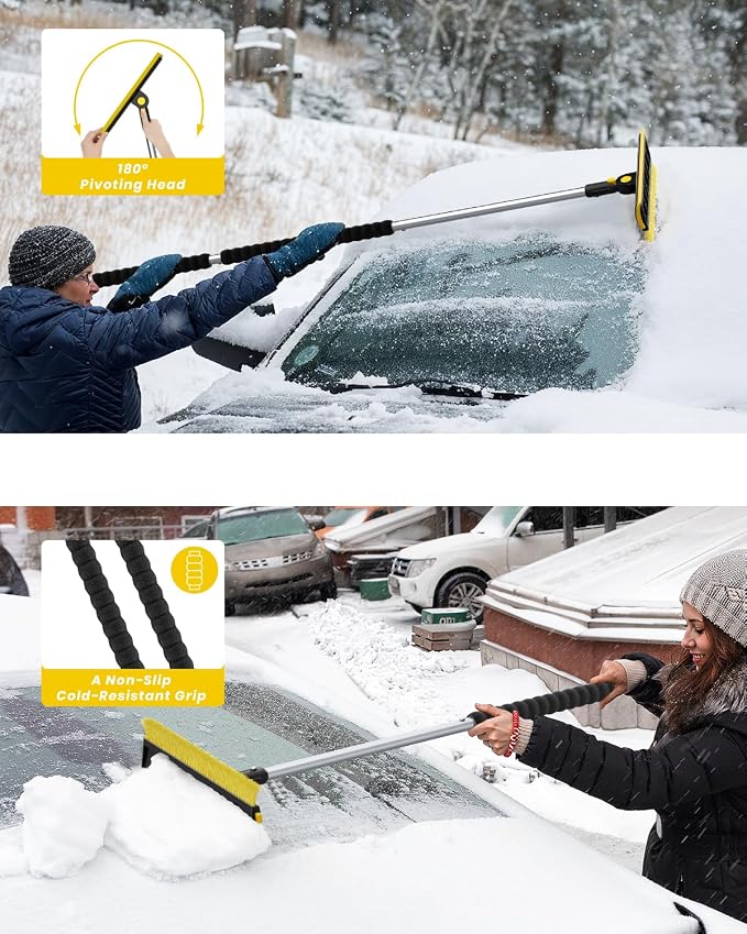 helloleiboo 2025 Extra Long 55.7" Ice Scrapers for Car Windshield Multi-Functional Detachable Car Ice Scraper with Foam Grip and 270° Pivoting Brush Head Snow Brush for SUV Truck Auto(Yellow) - Image 4