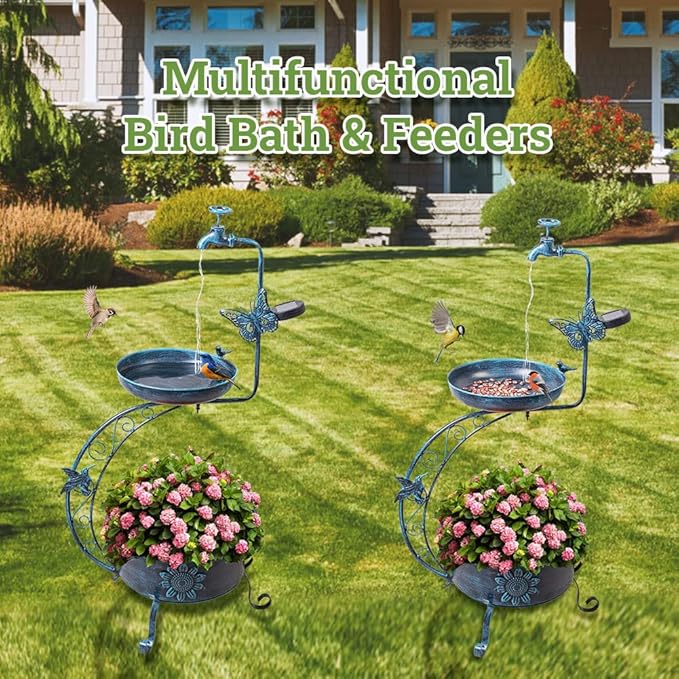 VEWOGARDEN Blue Bird Baths for Outdoors Metal Garden Bird Bath with Solar Lamp Vintage S Birdbaths with Flower Planter Pedestal Standing Bird Feeder(36" H * 19.6" W)