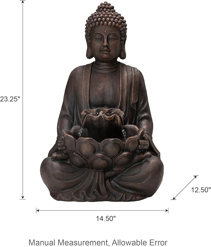 Glitzhome 24" H Zen Style Meditating Buddha Water Fountain Statue with Pump and LED Light, 2 Tier Waterfalls Resin Indoor Outdoor Floor Fountain for Garden Patio Backyard Decking
