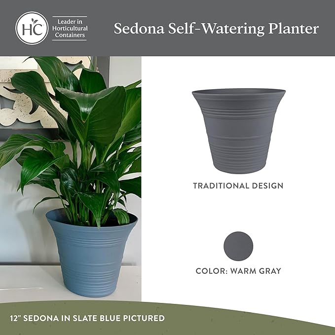 The HC Companies 16 Inch Sedona Round Self Watering Planter Pots, Lightweight UV-Resistant Plastic Indoor & Outdoor Planters, 2-Pack Flower Pots for Garden & Home Decor, Warm Gray