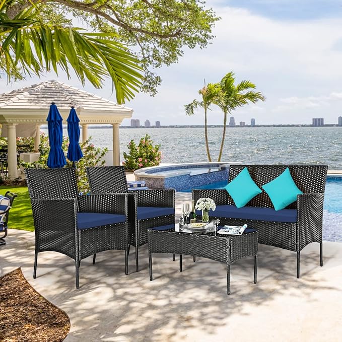 8 Pieces Patio Furniture Set, Outdoor Conversation Set with Ergonomic Curved Backrest, Patio Chair Set with Water-Resistant Cushion & Tempered Glass Table for Balcony, Porch (Navy Blue)