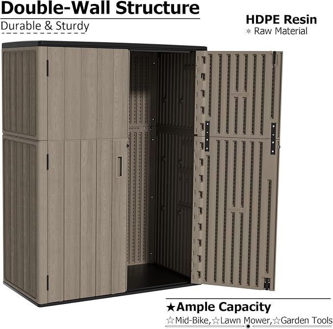 ZZM 57 Cu.ft Outdoor Storage Shed HDPE Storage Cabinet, Double-Wall Resin Sheds with Floor Vertical Lockable Sheds Garden Tools Trash Can, Lawn Mower, Bike Storage, Waterproof, Brown - Image 7