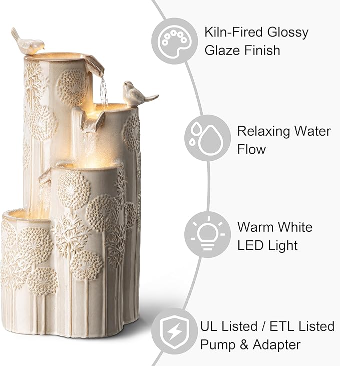 Glitzhome Water Fountain Outdoor with LED Lights, 4-Tier Vase Shaped Ceramic Outdoor Fountain, Dandelion Glaze Water Fountains Feature for Garden Backyard Patio, Sand Beige, 31.7”H