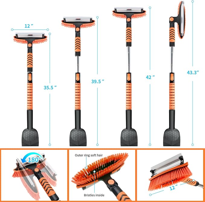 43.3'' Snow Shovel & Snow Brush with Ice Scrapers for Car Windshield,5-in-1 Extendable Thicken Aluminum Tube,180° Pivoting Brush Head & Foam Grip for Christmas, Cars, Trucks, SUVs, Vehicle(Orange - Image 6
